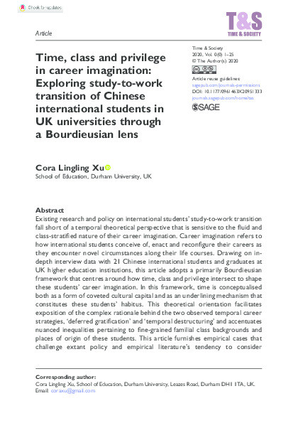 Time, class and privilege in career imagination: Exploring study-to-work transition of Chinese international students in UK universities through a Bourdieusian lens Thumbnail