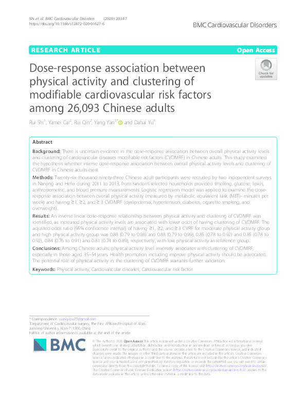 Dose-response association between physical activity and clustering of modifiable cardiovascular risk factors among 26,093 Chinese adults Thumbnail
