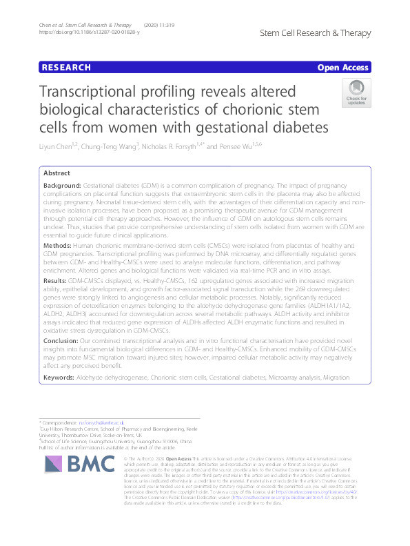 Transcriptional profiling reveals altered biological characteristics of chorionic stem cells from women with gestational diabetes Thumbnail