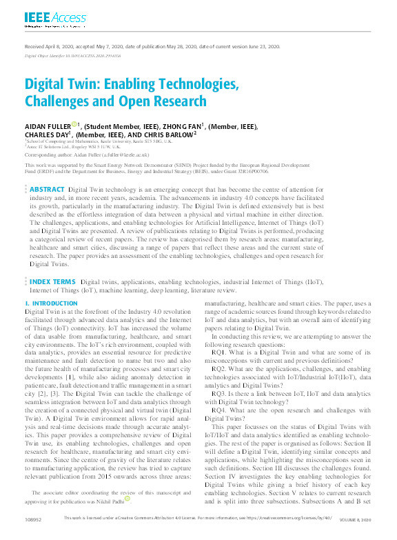 Digital Twin: Enabling Technologies, Challenges and Open Research Thumbnail