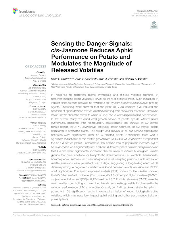 Sensing the Danger Signals: cis-Jasmone Reduces Aphid Performance on Potato and Modulates the Magnitude of Released Volatiles Thumbnail