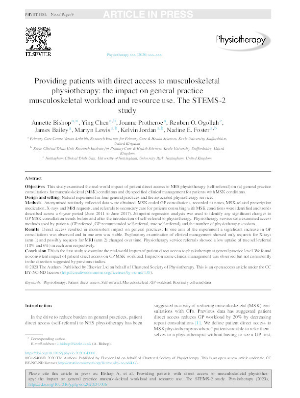 Providing patients with direct access to musculoskeletal physiotherapy: the impact on general practice musculoskeletal workload and resource use. The STEMS-2 study. Thumbnail