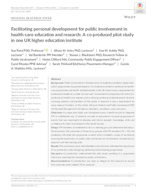 Facilitating personal development for public involvement in health-care education and research: a co-produced pilot study in one UK higher education institute Thumbnail
