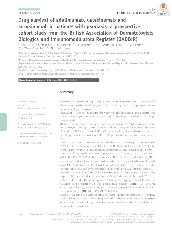 Drug survival of adalimumab, ustekinumab and secukinumab in patients with psoriasis: a prospective cohort study from the British Association of Dermatologists Biologics and Immunomodulators Register (BADBIR). Thumbnail