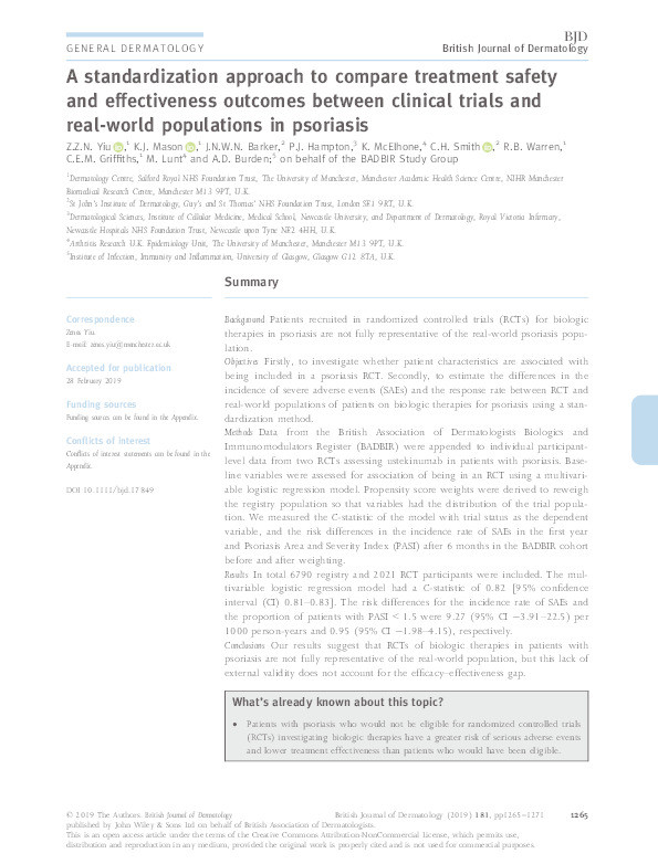 A standardization approach to compare treatment safety and effectiveness outcomes between clinical trials and real-world populations in psoriasis. Thumbnail