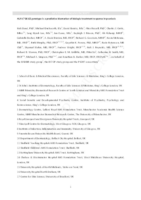 HLA-C*06:02 genotype is a predictive biomarker of biologic treatment response in psoriasis Thumbnail