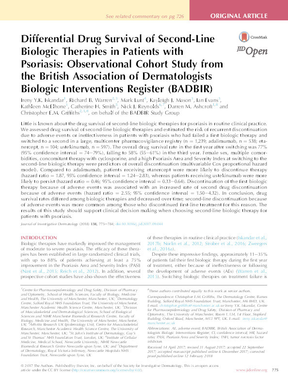 Differential Drug Survival of Second-Line Biologic Therapies in Patients with Psoriasis: Observational Cohort Study from the British Association of Dermatologists Biologic Interventions Register (BADBIR). Thumbnail