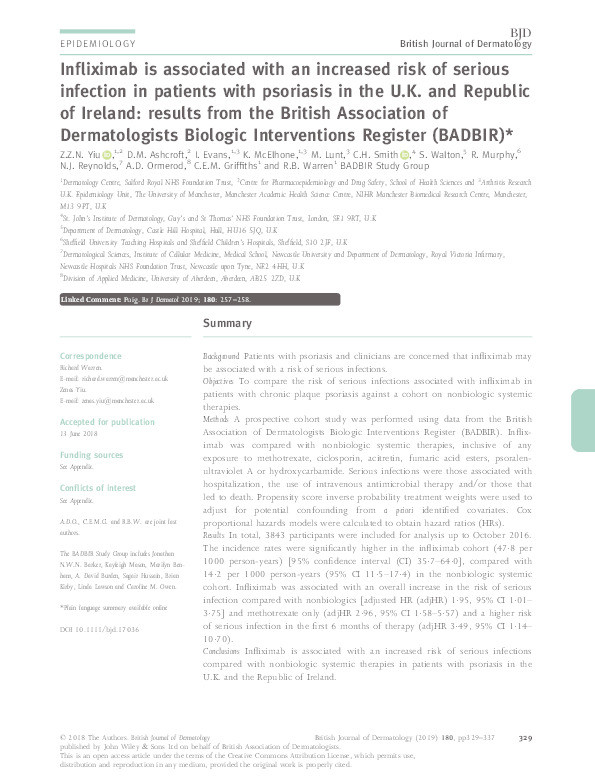 Infliximab is associated with an increased risk of serious infection in patients with psoriasis in the U.K. and Republic of Ireland: results from the British Association of Dermatologists Biologic Interventions Register (BADBIR). Thumbnail