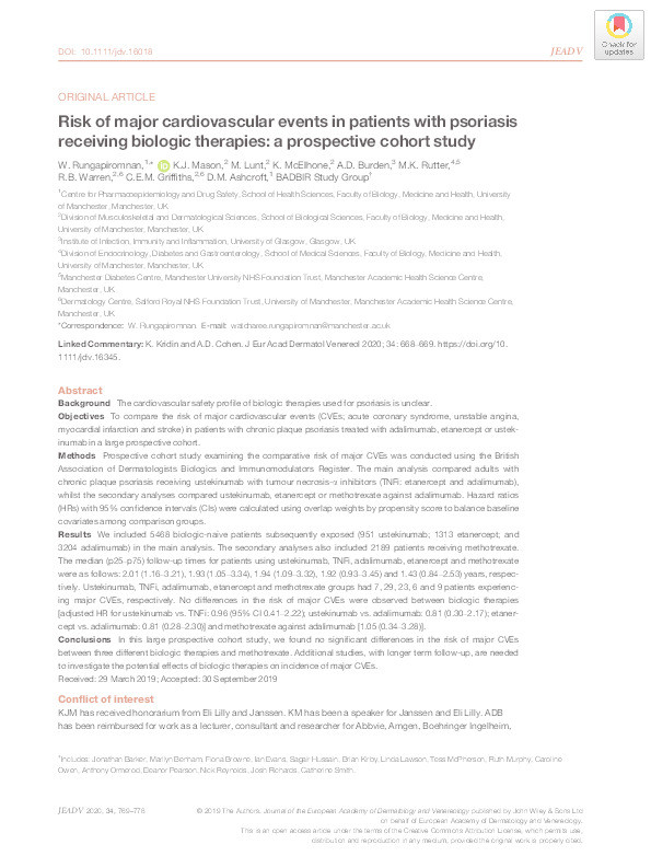 Risk of major cardiovascular events in adult patients with psoriasis treated with biologic therapies or methotrexate: Cohort study in the British Association of Dermatologists Biologic Interventions Register (BADBIR) Thumbnail