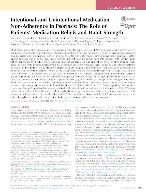 Intentional and Unintentional Medication Non-Adherence in Psoriasis: The Role of Patients' Medication Beliefs and Habit Strength Thumbnail