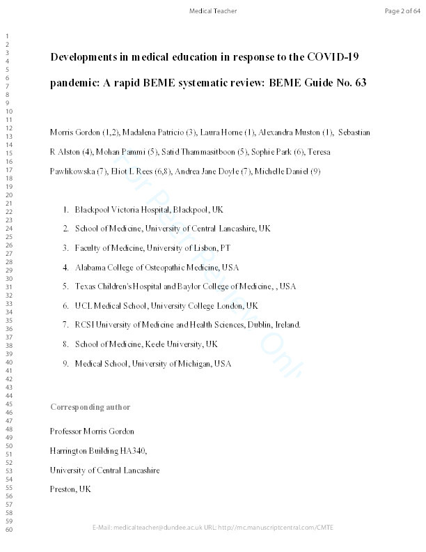 Developments in medical education in response to the COVID-19 pandemic: A rapid BEME systematic review Thumbnail