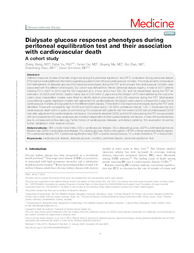 Dialysate glucose response phenotypes during peritoneal equilibration test and their association with cardiovascular death A cohort study Thumbnail