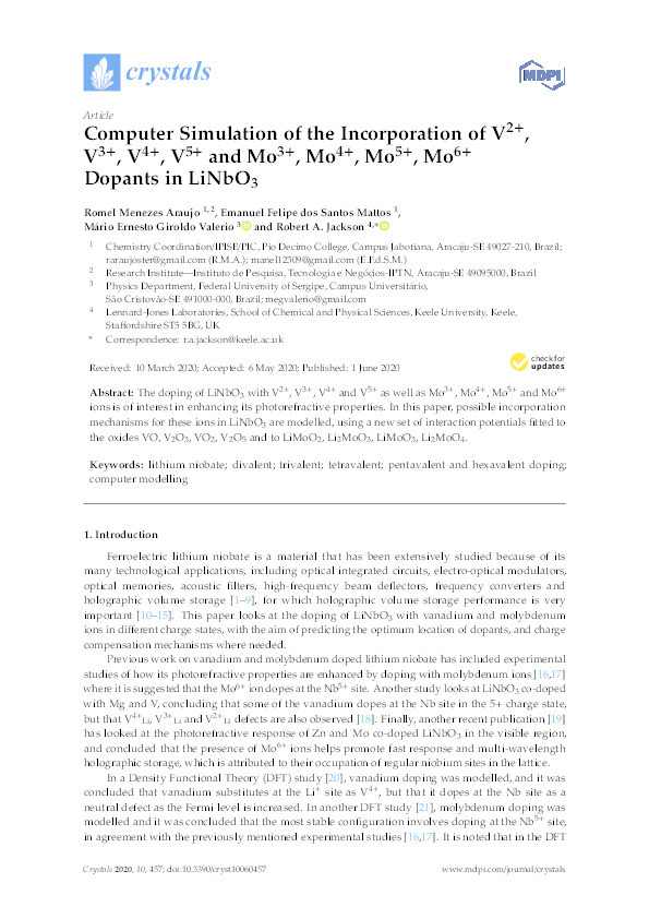 Computer Simulation of the Incorporation of V2+, V3+, V4+, V(5+)and Mo3+, Mo4+, Mo5+, Mo(6+)Dopants in LiNbO3 Thumbnail