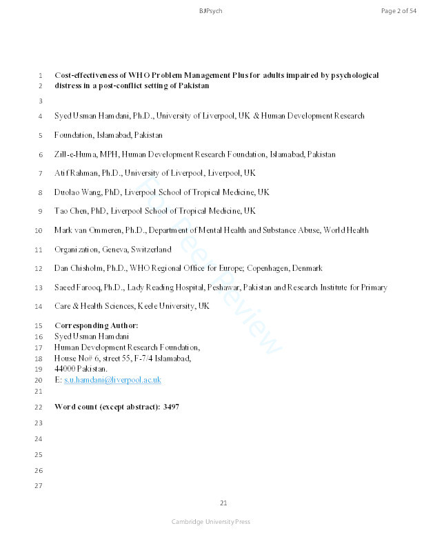 Cost-effectiveness of WHO Problem Management Plus for adults with mood and anxiety disorders in a post-conflict area of Pakistan: randomised controlled trial. Thumbnail