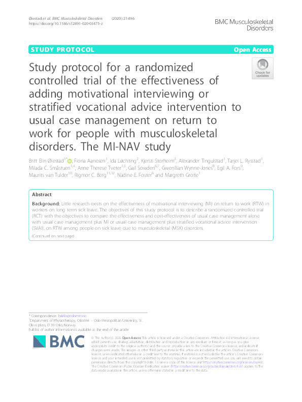 Study protocol for a randomized controlled trial of the effectiveness of adding motivational interviewing or stratified vocational advice intervention to usual case management on return to work for people with musculoskeletal disorders. The MI-NAV study. Thumbnail
