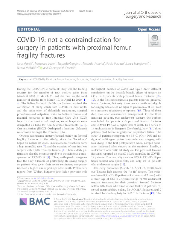 COVID-19: not a contraindication for surgery in patients with proximal femur fragility fractures. Thumbnail
