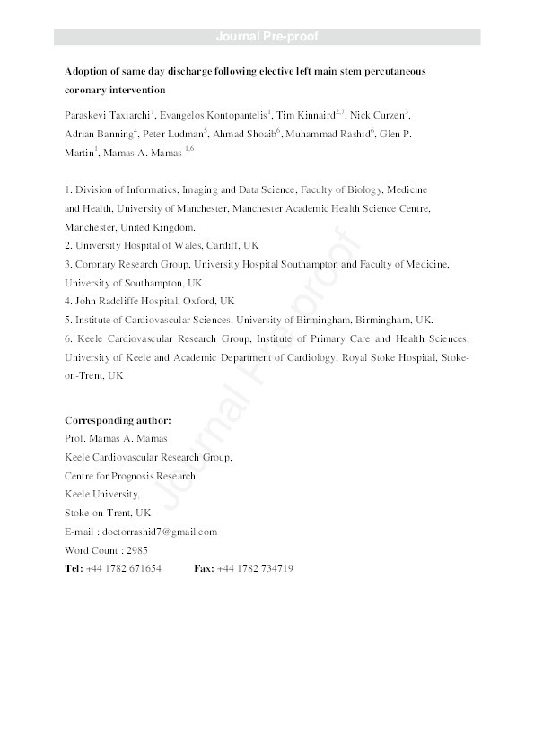 Adoption of same day discharge following elective left main stem percutaneous coronary intervention. Thumbnail