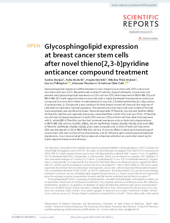 Glycosphingolipid expression at breast cancer stem cells after novel thieno[2,3-b]pyridine anticancer compound treatment. Thumbnail