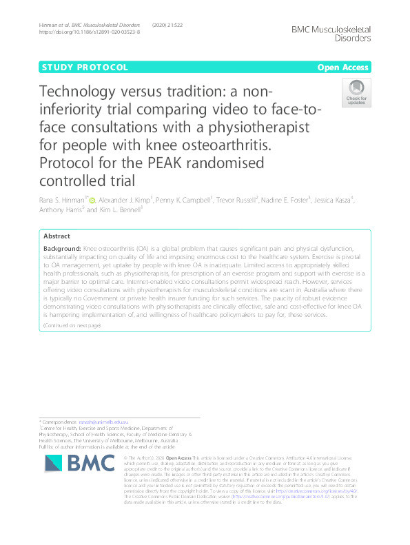 Technology versus tradition: a non-inferiority trial comparing video to face-to-face consultations with a physiotherapist for people with knee osteoarthritis. Protocol for the PEAK randomised controlled trial. Thumbnail
