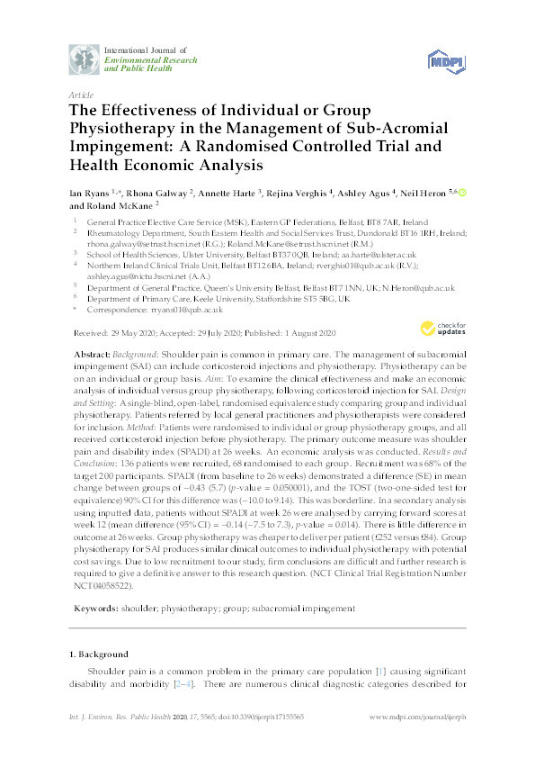 The Effectiveness of Individual or Group Physiotherapy in the Management of Sub-Acromial Impingement: A Randomised Controlled Trial and Health Economic Analysis. Thumbnail