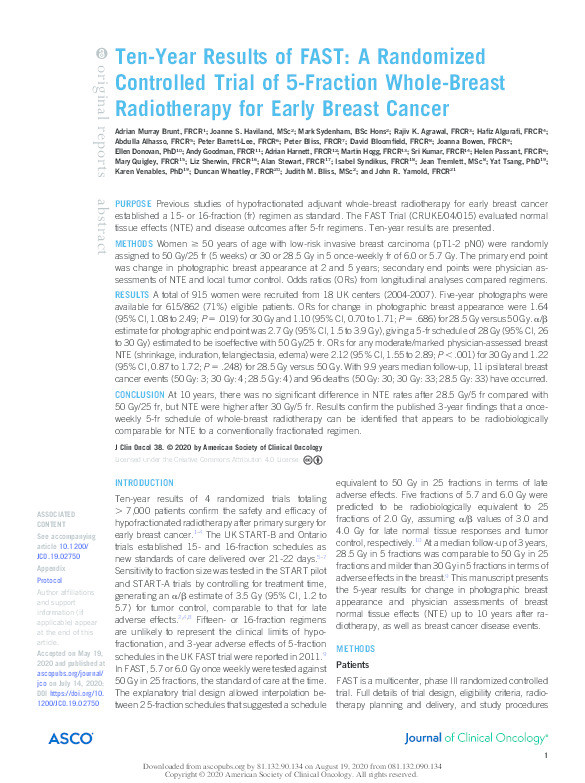 Ten-Year Results of FAST: A Randomized Controlled Trial of 5-Fraction Whole-Breast Radiotherapy for Early Breast Cancer Thumbnail