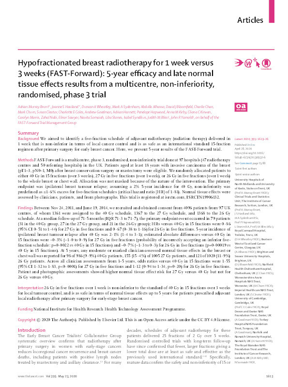 Hypofractionated breast radiotherapy for 1 week versus 3 weeks (FAST-Forward): 5-year efficacy and late normal tissue effects results from a multicentre, non-inferiority, randomised, phase 3 trial Thumbnail