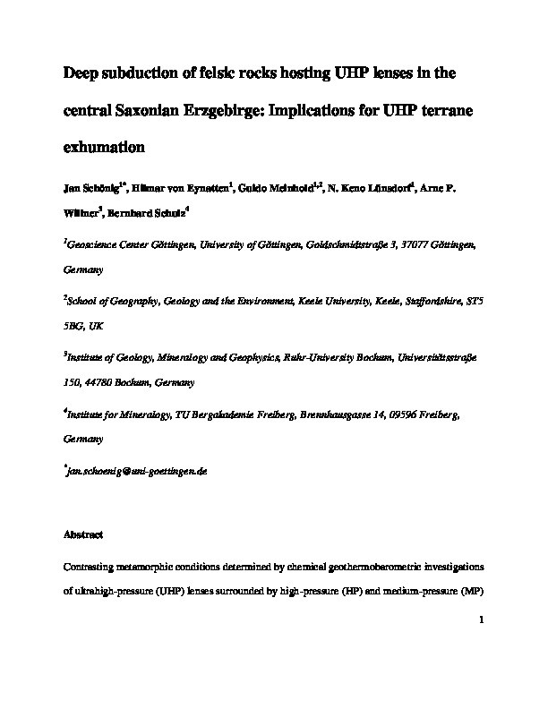 Deep subduction of felsic rocks hosting UHP lenses in the central Saxonian Erzgebirge: Implications for UHP terrane exhumation Thumbnail