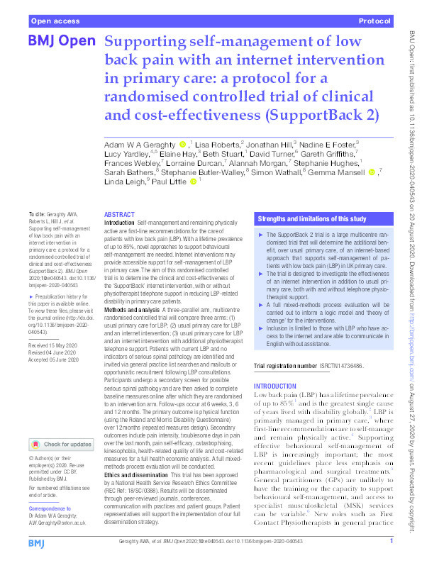 Supporting self-management of low back pain with an internet intervention in primary care: a protocol for a randomised controlled trial of clinical and cost-effectiveness (SupportBack 2). Thumbnail
