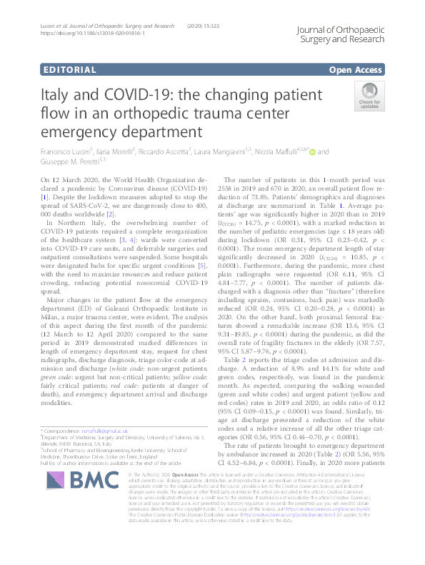 Italy and COVID-19: the changing patient flow in an orthopedic trauma center emergency department. Thumbnail