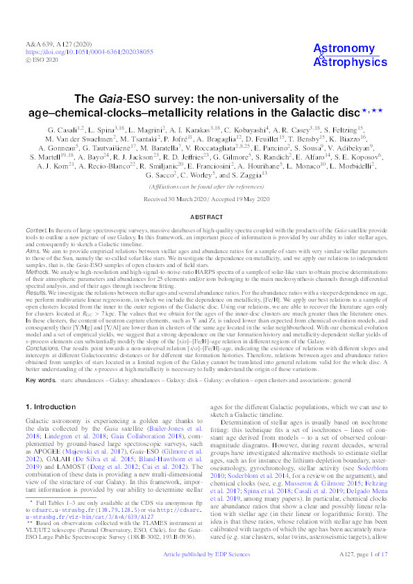 The Gaia-ESO survey: the non-universality of the age-chemical-clocks-metallicity relations in the Galactic disc Thumbnail
