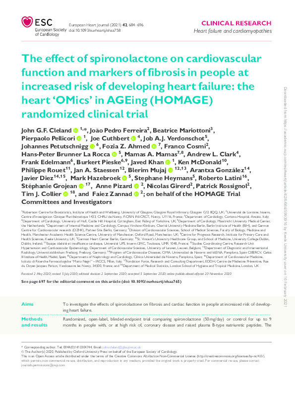 The Effect of Spironolactone on Cardiovascular Function and Markers of Fibrosis in People at Increased Risk of Developing Heart Failure: The Heart “OMics” in AGEing (HOMAGE) Randomised Clinical Trial. Thumbnail