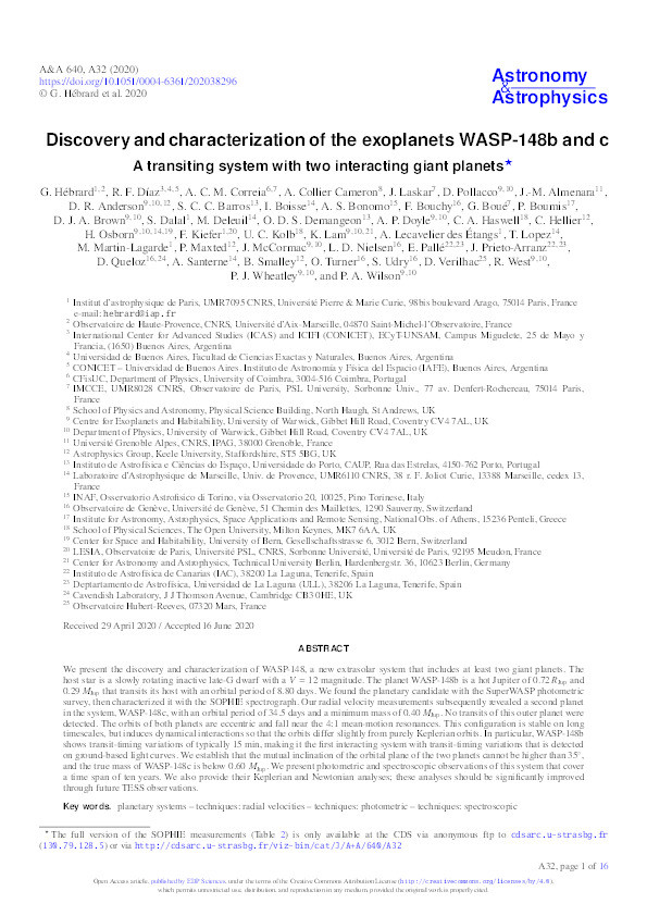 Discovery and characterization of the exoplanets WASP-148b and c - A transiting system with two interacting giant planets Thumbnail