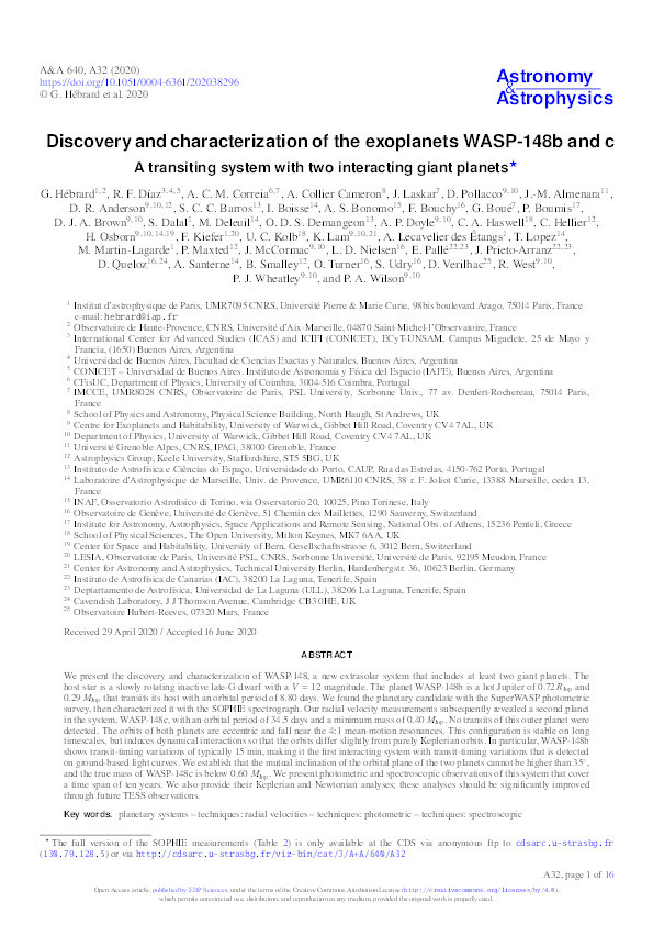 Discovery and characterization of the exoplanets WASP-148b and c - A transiting system with two interacting giant planets Thumbnail