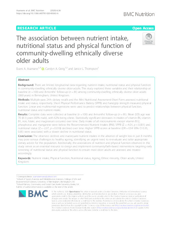 The association between nutrient intake, nutritional status and physical function of community-dwelling ethnically diverse older adults. Thumbnail