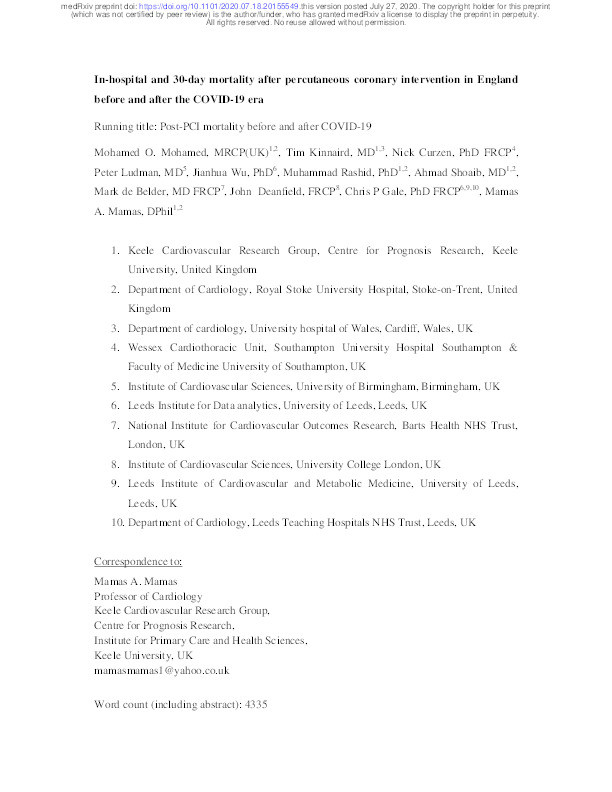 Trends of in-hospital and 30-day mortality after percutaneous coronary intervention in England before and after the COVID-19 era Thumbnail