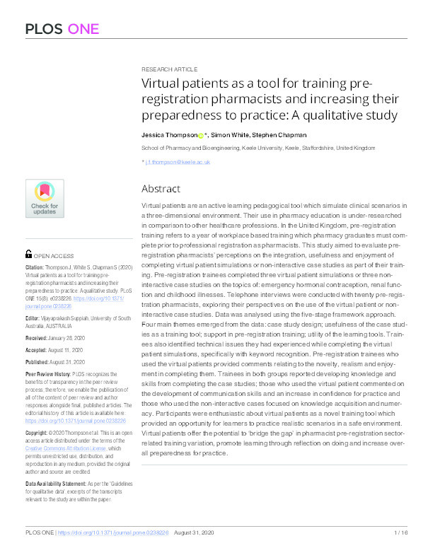 Virtual patients as a tool for training pre-registration pharmacists and increasing their preparedness to practice: A qualitative study Thumbnail