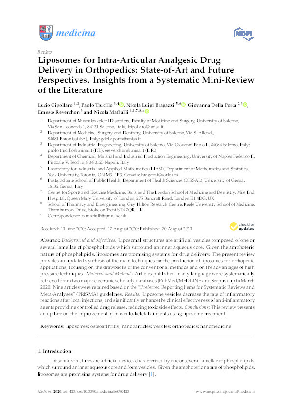 Liposomes for Intra-Articular Analgesic Drug Delivery in Orthopedics: State-of-Art and Future Perspectives. Insights from a Systematic Mini-Review of the Literature. Thumbnail