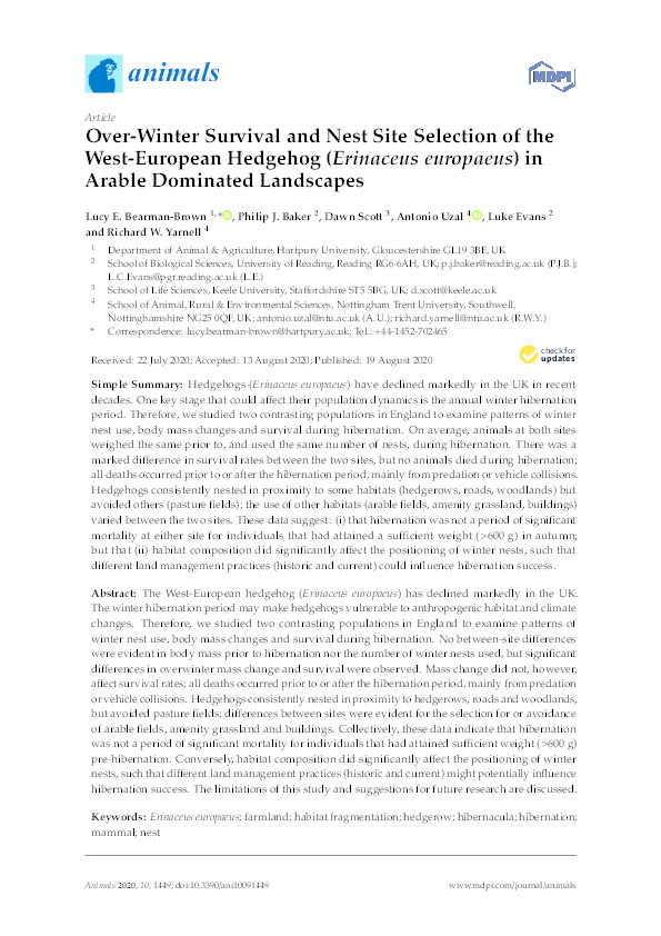 Over-Winter Survival and Nest Site Selection of the West-European Hedgehog (Erinaceus europaeus) in Arable Dominated Landscapes. Thumbnail