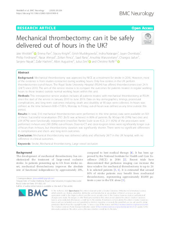 Mechanical thrombectomy: can it be safely delivered out of hours in the UK? Thumbnail
