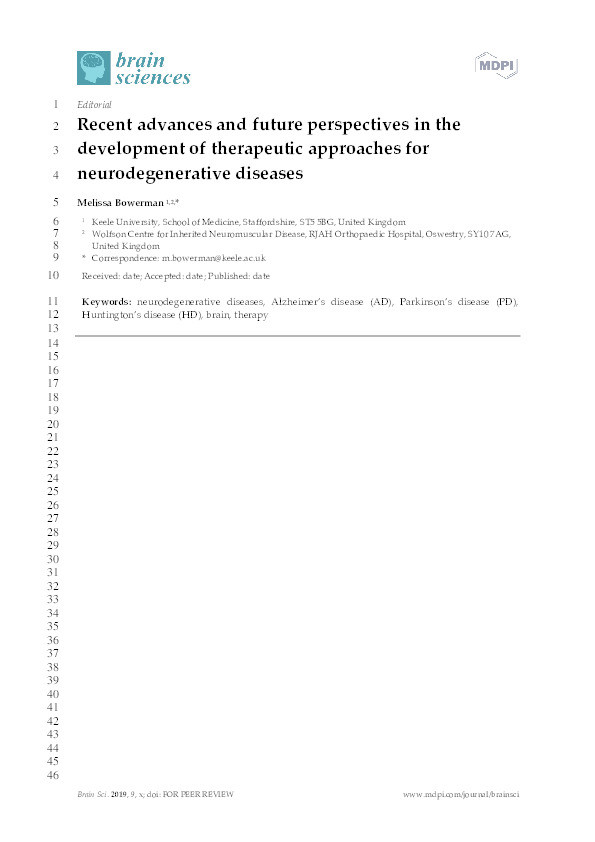 Recent Advances and Future Perspectives in the Development of Therapeutic Approaches for Neurodegenerative Diseases Thumbnail