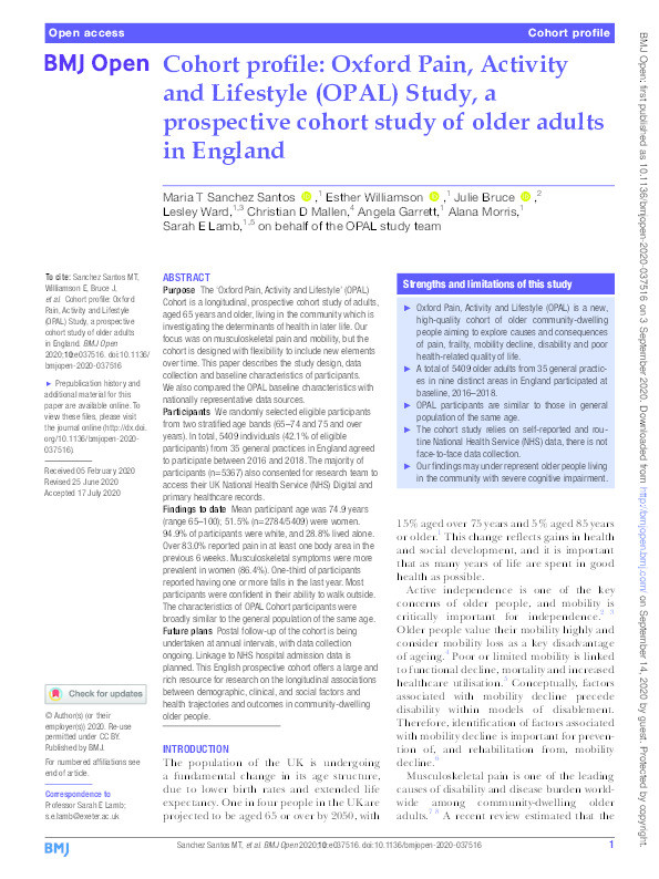 Cohort profile: Oxford Pain, Activity and Lifestyle (OPAL) Study, a prospective cohort study of older adults in England. Thumbnail