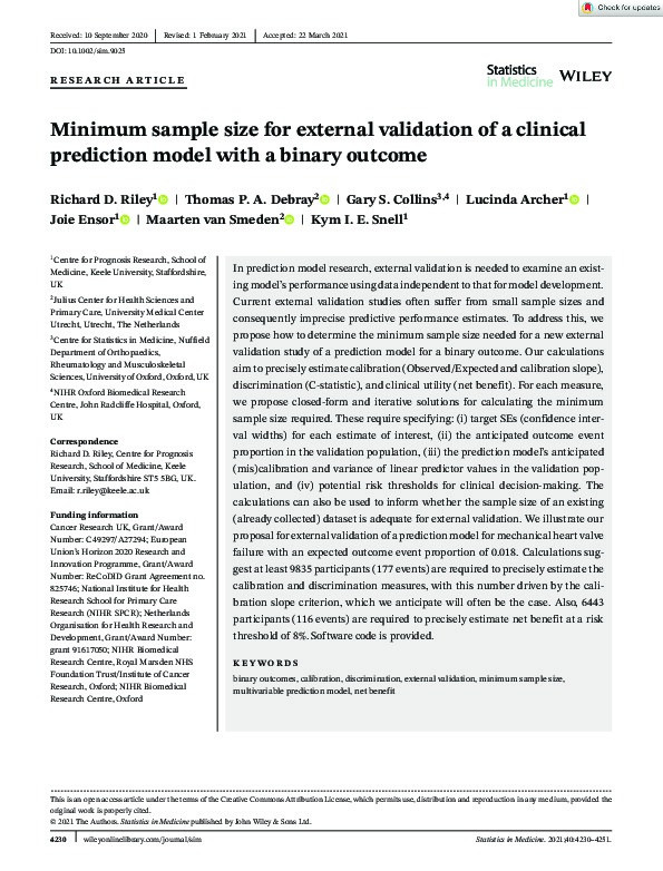 Minimum sample size for external validation of a clinical prediction model with a continuous outcome Thumbnail