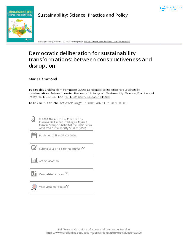 Democratic Deliberation for Sustainability Transformations: Between Constructiveness and Disruption Thumbnail