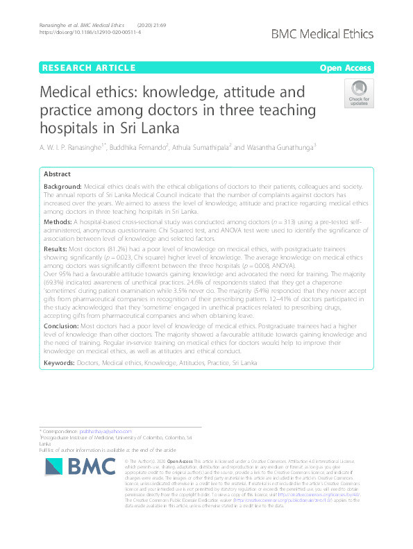 Medical ethics: knowledge, attitude and practice among doctors in three teaching hospitals in Sri Lanka Thumbnail