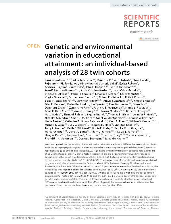 Genetic and environmental variation in educational attainment: an individual-based analysis of 28 twin cohorts Thumbnail