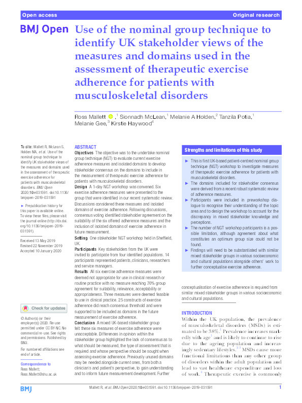 Use of the nominal group technique to identify UK stakeholder views of the measures and domains used in the assessment of therapeutic exercise adherence for patients with musculoskeletal disorders Thumbnail