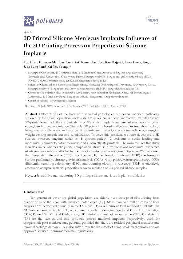 3D Printed Silicone Meniscus Implants: Influence of the 3D Printing Process on Properties of Silicone Implants Thumbnail
