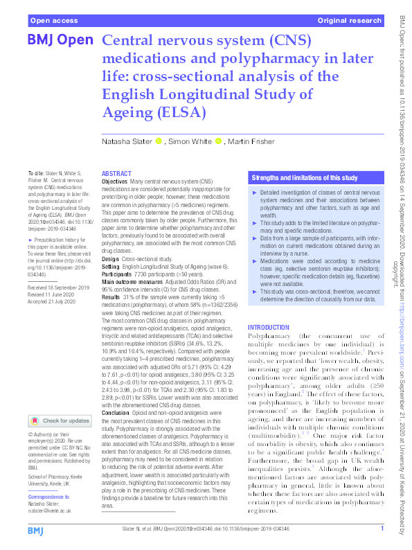 Central nervous system (CNS) medications and polypharmacy in later life: cross-sectional analysis of the English Longitudinal Study of Ageing (ELSA) Thumbnail