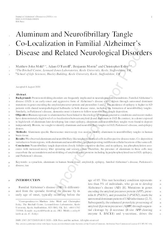 Aluminum and Neurofibrillary Tangle Co-Localization in Familial Alzheimer's Disease and Related Neurological Disorders. Thumbnail