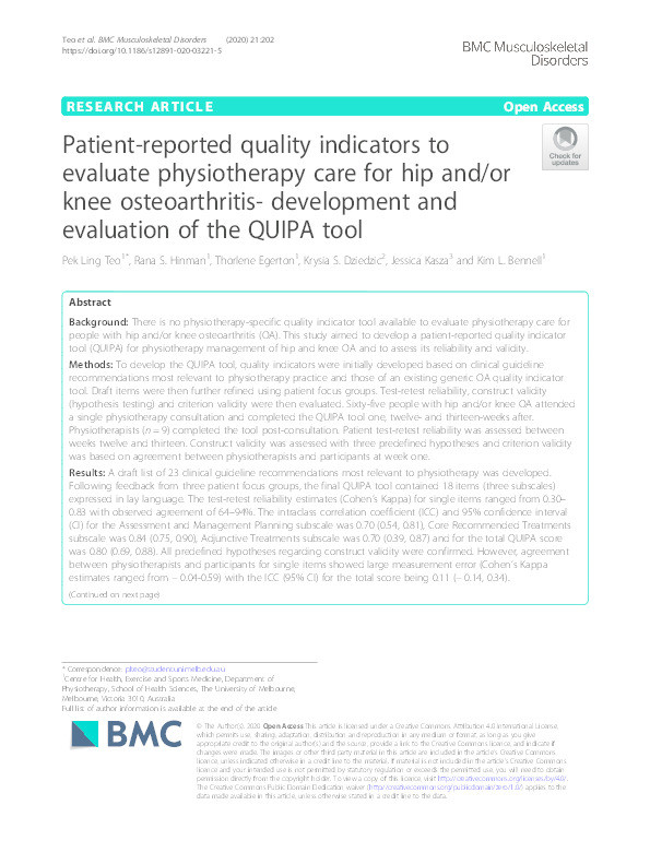Patient-reported quality indicators to evaluate physiotherapy care for hip and/or knee osteoarthritis- development and evaluation of the QUIPA tool Thumbnail